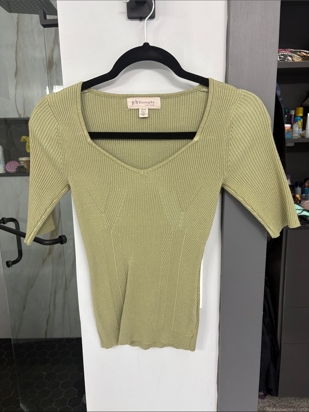 Philosophy Olive Green Ribbed V-Neck Knit Top